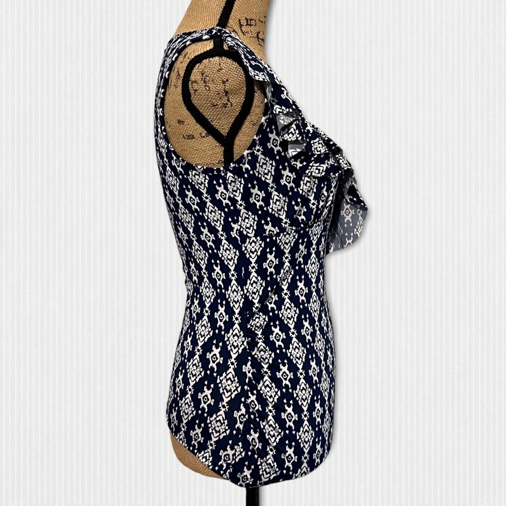 Navy Blue Pattern Scoop Ruffle Neck Blouse - Picture 5 of 6